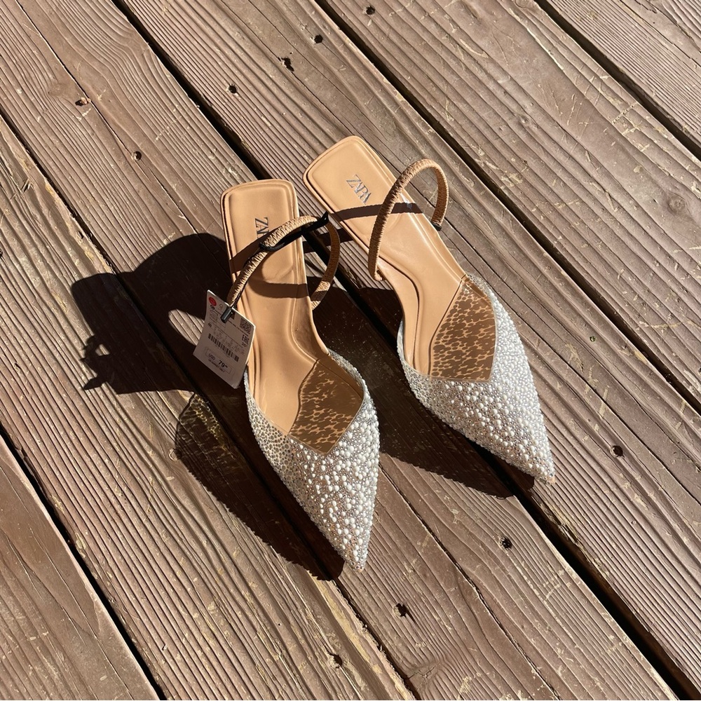 Zara Pearl Beaded Silver Heels Pointed Toe 40